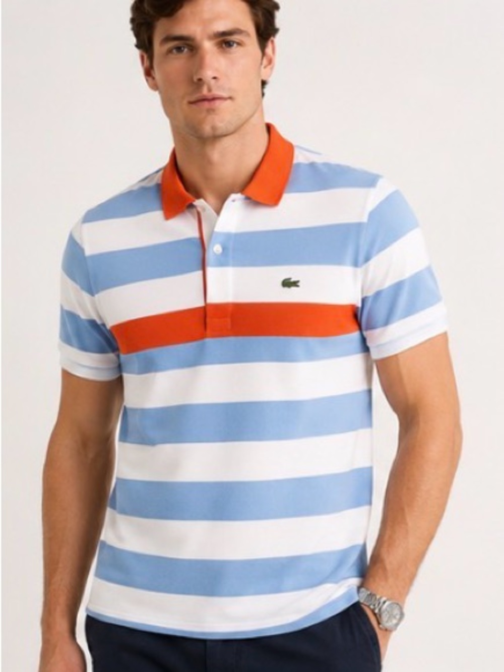 Lacoste Men’s Polo Shirt Size (8) XXL Blue White Stripe Orange Collar Cotton